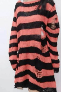 Y2K Grunge Dark Punk Egirl Long Striped Sweater Orange - Retro 90s Fashion Summer Outfit