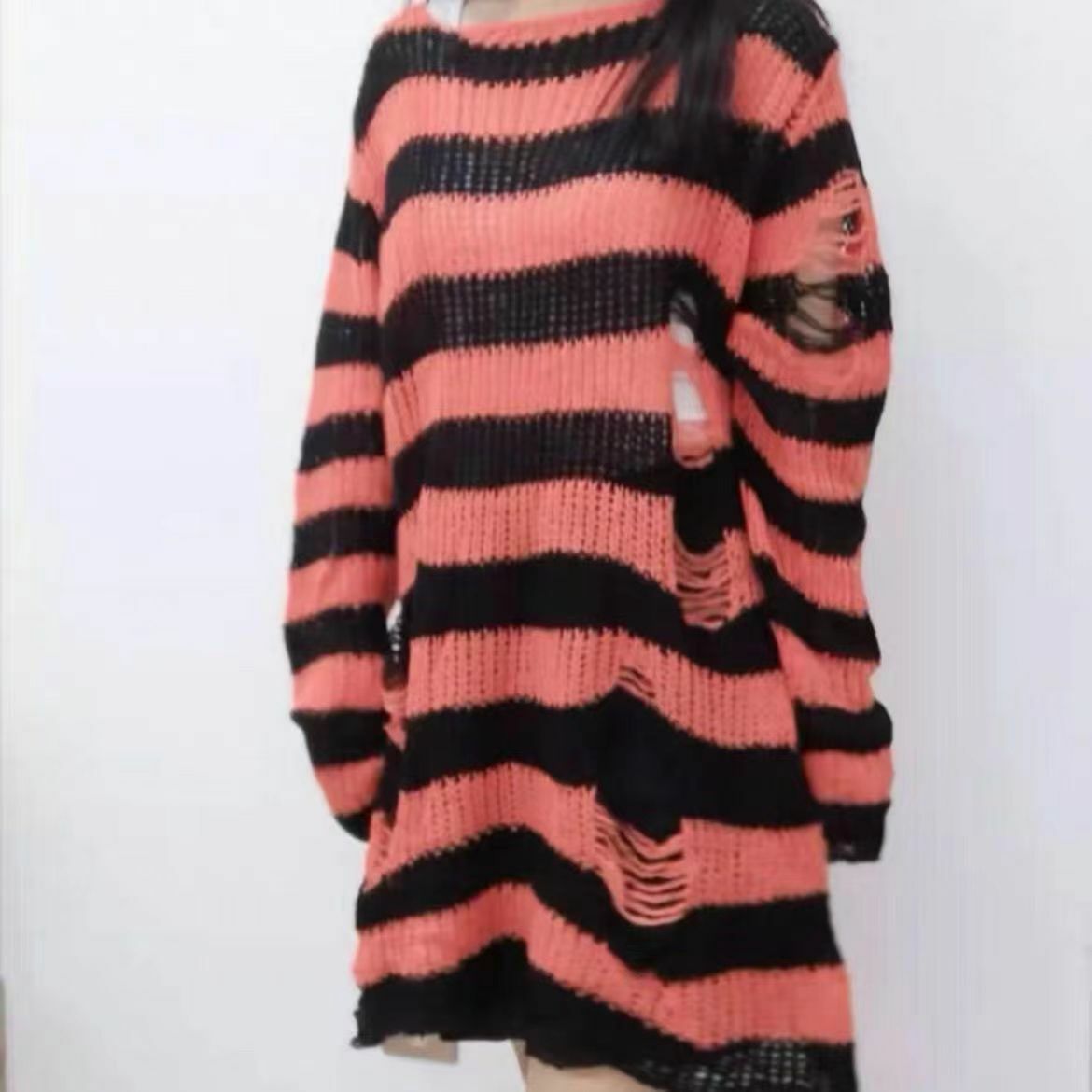 Y2K Grunge Dark Punk Egirl Long Striped Sweater Orange - Retro 90s Fashion Summer Outfit