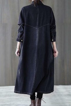 Y2K Grunge Denim Black Plus Size Lapel Patchwork Coat - Retro 90s Fashion for Women