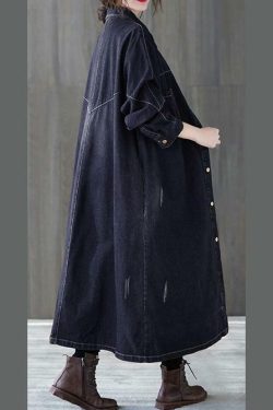 Y2K Grunge Denim Black Plus Size Lapel Patchwork Coat - Retro 90s Fashion for Women