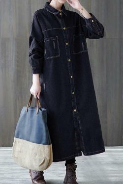 Y2K Grunge Denim Black Plus Size Lapel Patchwork Coat - Retro 90s Fashion for Women