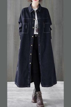 Y2K Grunge Denim Black Plus Size Lapel Patchwork Coat - Retro 90s Fashion for Women