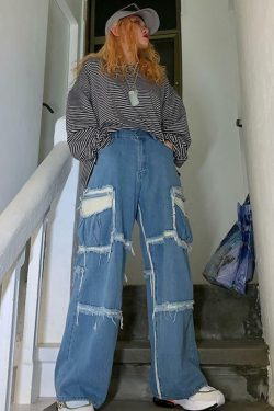 Y2K Grunge Denim Cargo Jeans - Retro 90s Fashion, Summer Y2K Outfits, Hip Hop Style