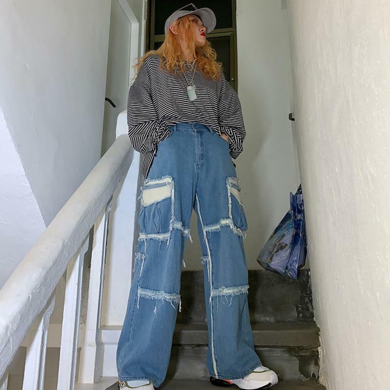 Y2K Grunge Denim Cargo Jeans - Retro 90s Fashion, Summer Y2K Outfits, Hip Hop Style