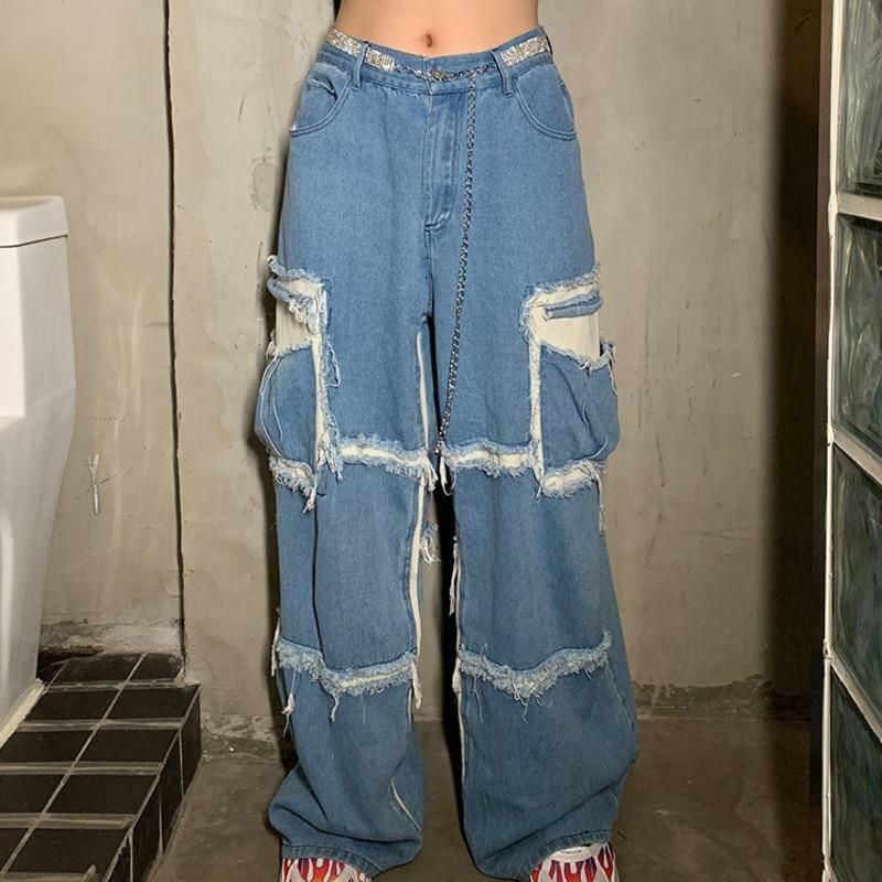 Y2K Grunge Denim Cargo Jeans - Retro 90s Fashion, Summer Y2K Outfits, Hip Hop Style