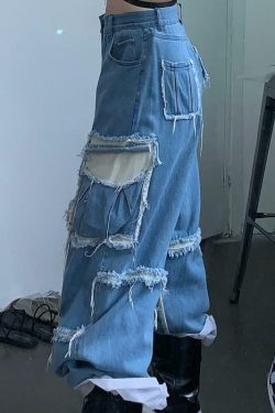 Y2K Grunge Denim Cargo Jeans - Retro 90s Fashion, Summer Y2K Outfits, Hip Hop Style