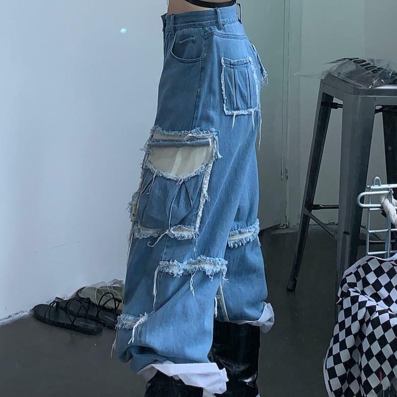 Y2K Grunge Denim Cargo Jeans - Retro 90s Fashion, Summer Y2K Outfits, Hip Hop Style