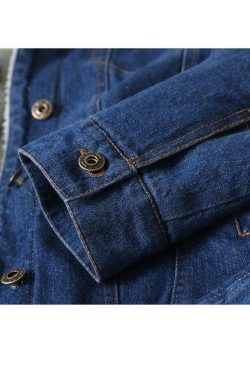 Y2K Grunge Denim Jacket with Wool Collar - 90s Retro Style, Perfect for Y2K Summer Outfits