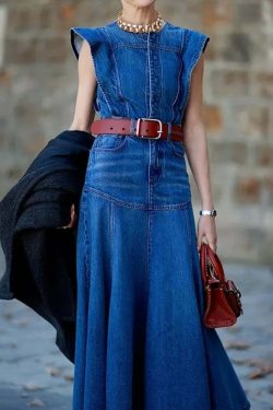 Y2K Grunge Denim Midi Dress - Stylish Crew Neck Cap Sleeve Retro 90s Summer Outfit