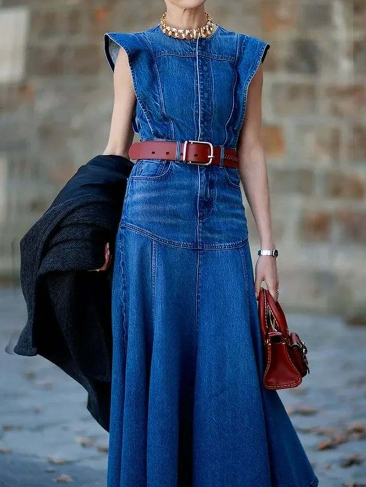 Y2K Grunge Denim Midi Dress - Stylish Crew Neck Cap Sleeve Retro 90s Summer Outfit