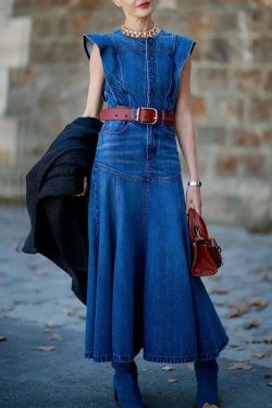 Y2K Grunge Denim Midi Dress - Stylish Crew Neck Cap Sleeve Retro 90s Summer Outfit