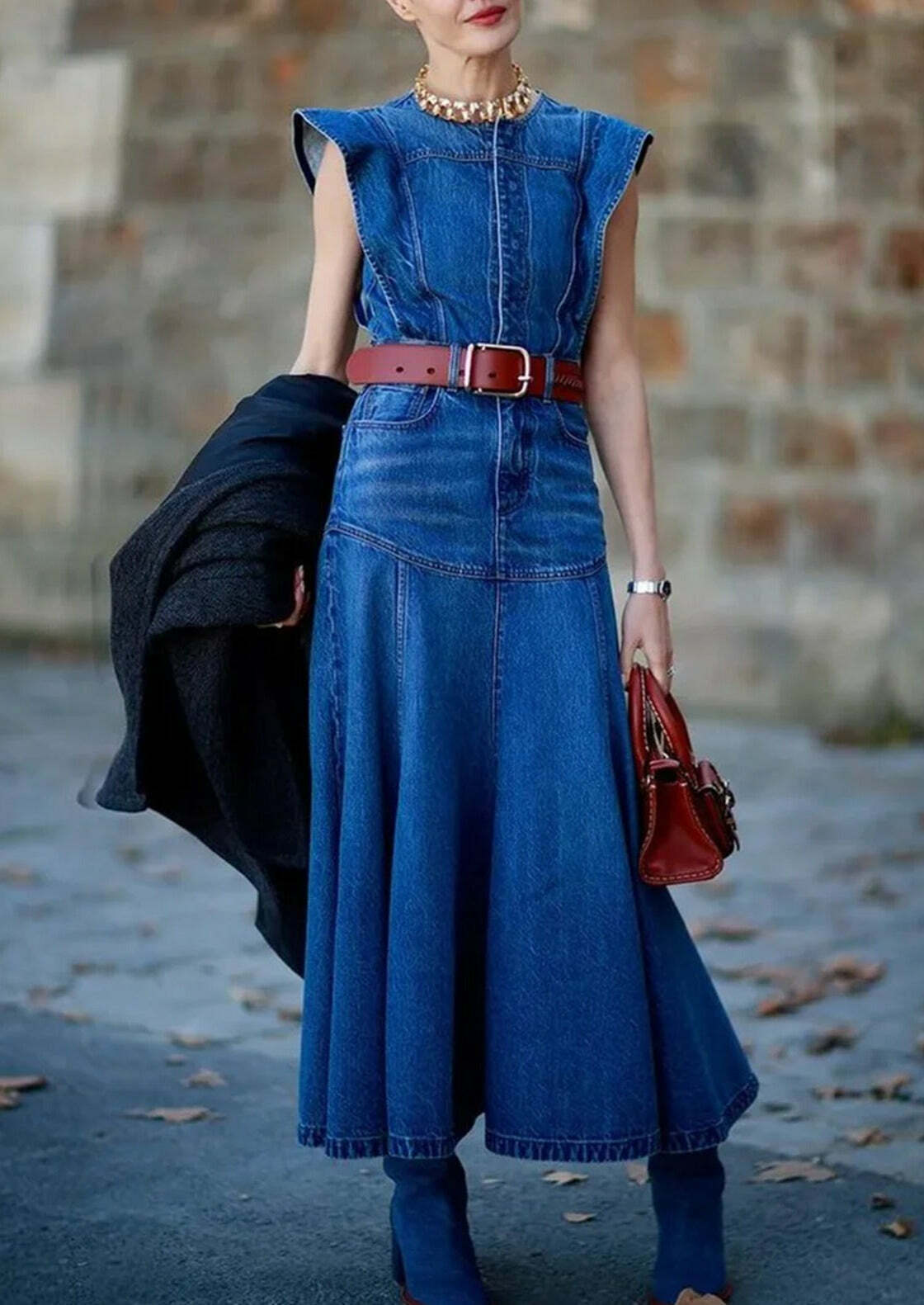 Y2K Grunge Denim Midi Dress - Stylish Crew Neck Cap Sleeve Retro 90s Summer Outfit