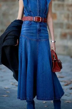 Y2K Grunge Denim Midi Dress - Stylish Crew Neck Cap Sleeve Retro 90s Summer Outfit