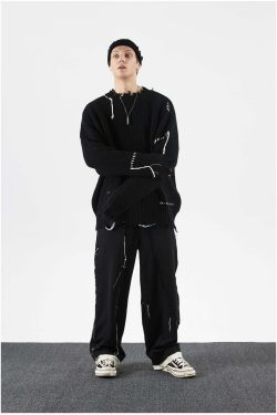 Y2K Grunge Destroyed Trousers - 90s Retro Summer Outfit, Y2K Club & Party Fashion