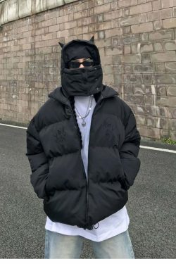 Y2K Grunge Devil Puffer Jacket - Retro 90s Fashion, Summer Outfits, and Club Party Style