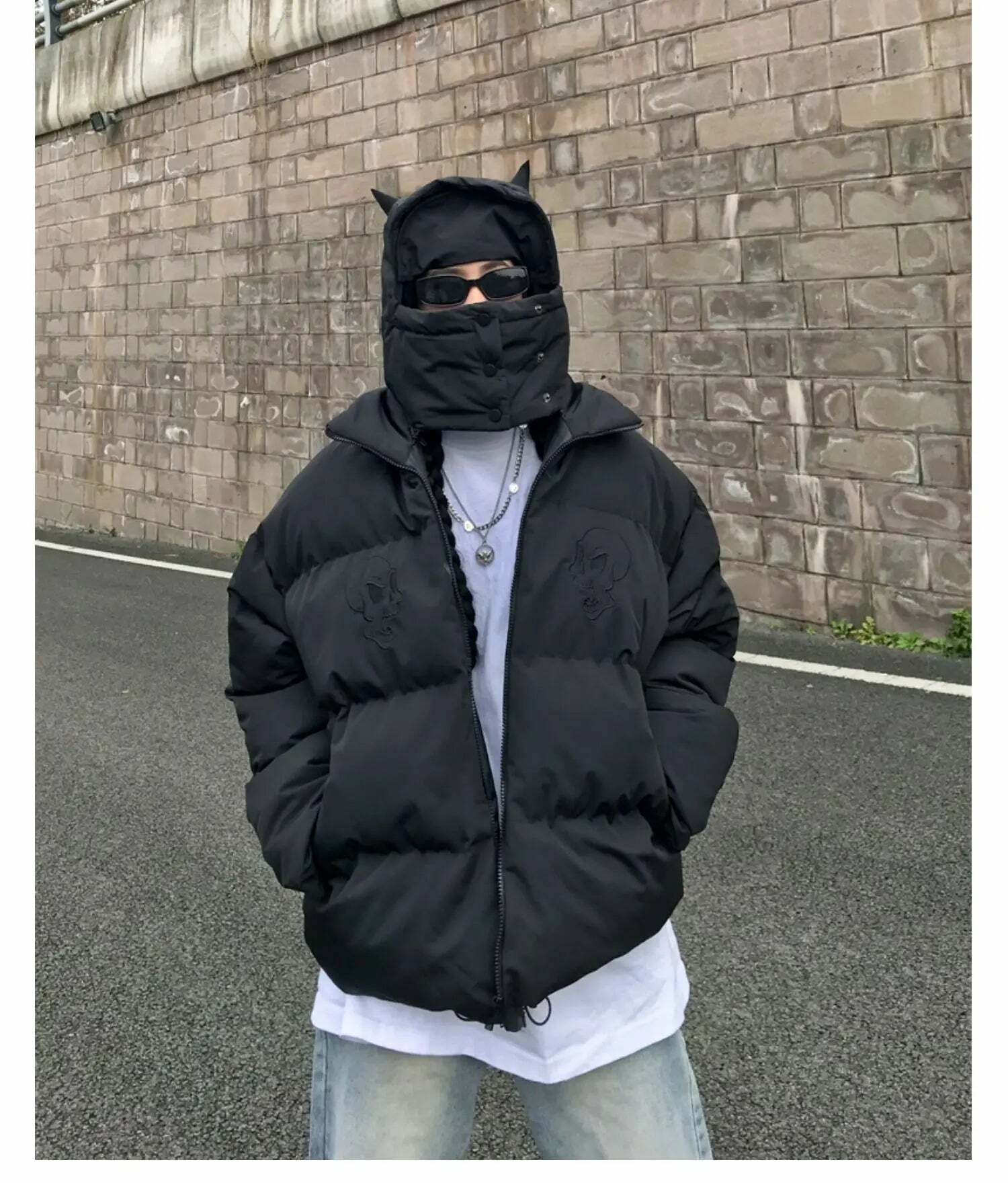 Y2K Grunge Devil Puffer Jacket - Retro 90s Fashion, Summer Outfits, and Club Party Style