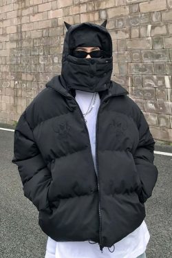 Y2K Grunge Devil Puffer Jacket - Retro 90s Fashion, Summer Outfits, and Club Party Style