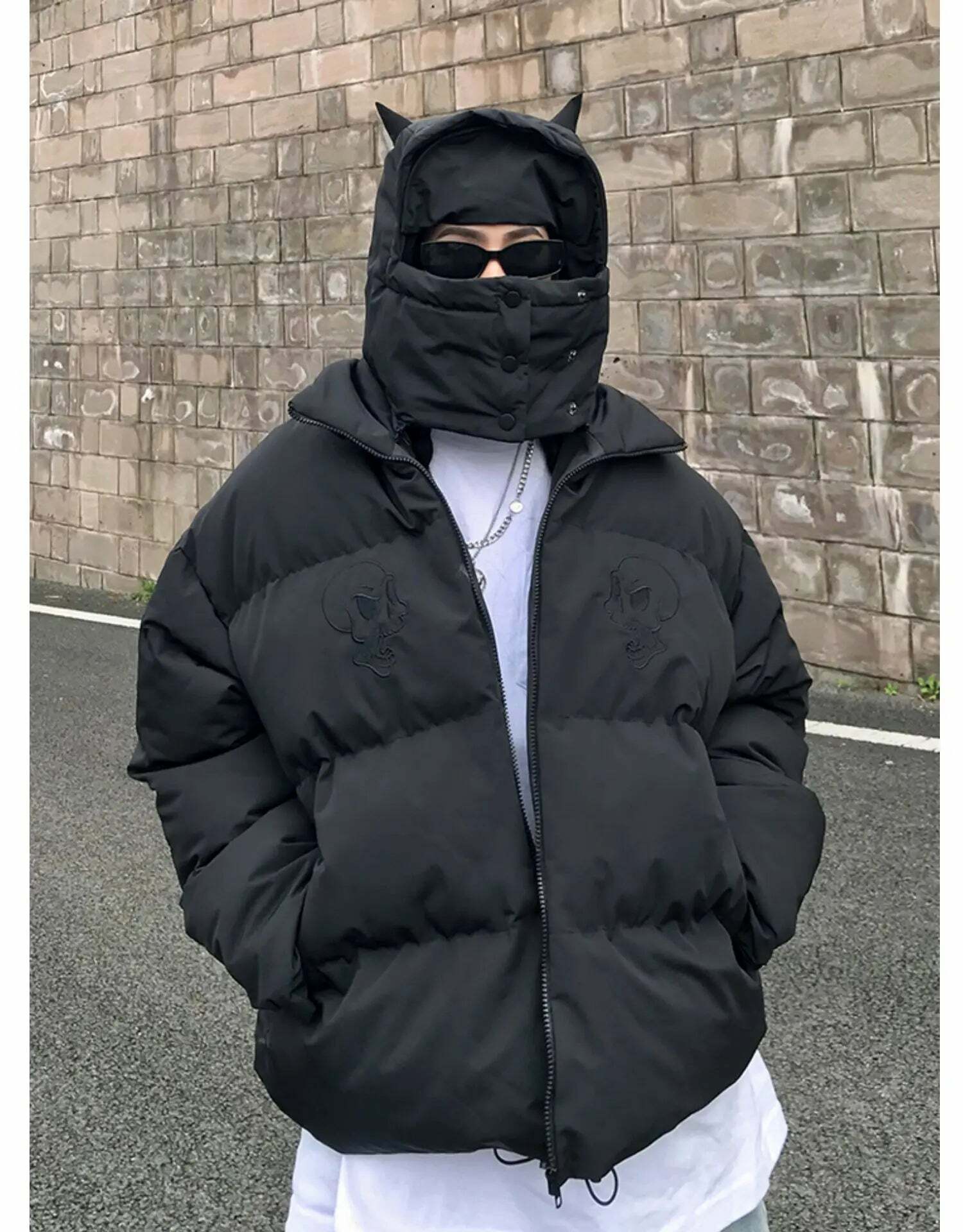 Y2K Grunge Devil Puffer Jacket - Retro 90s Fashion, Summer Outfits, and Club Party Style