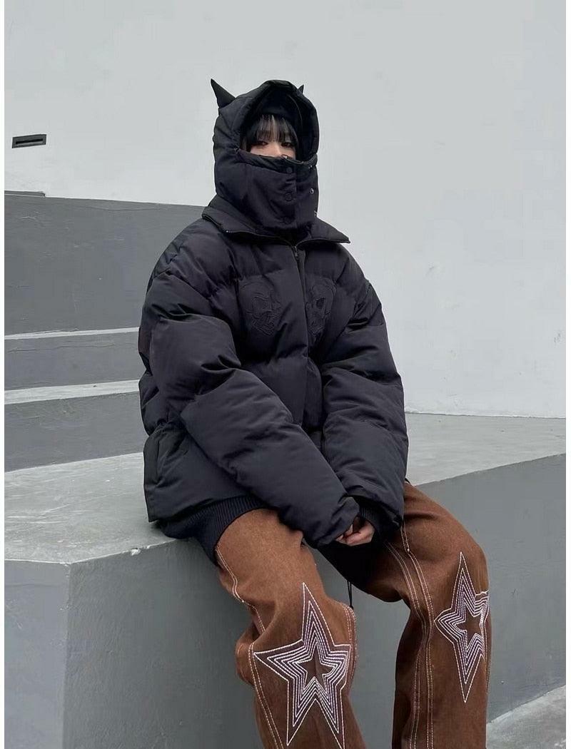 Y2K Grunge Devil Puffer Jacket - Retro 90s Fashion, Summer Outfits, and Club Party Style