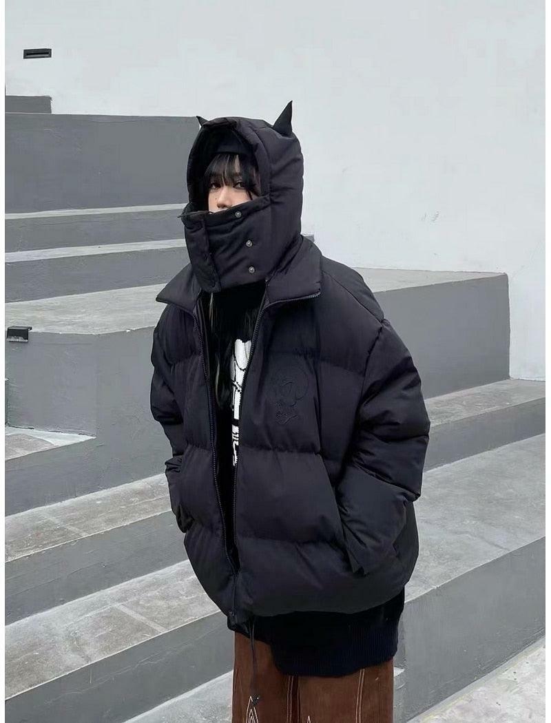 Y2K Grunge Devil Puffer Jacket - Retro 90s Fashion, Summer Outfits, and Club Party Style
