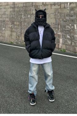 Y2K Grunge Devil Puffer Jacket - Retro 90s Fashion, Summer Outfits, and Club Party Style