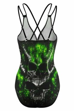 Y2K Grunge Devil Skull Push Up One Piece Swimsuit - Retro 90s Summer Beachwear