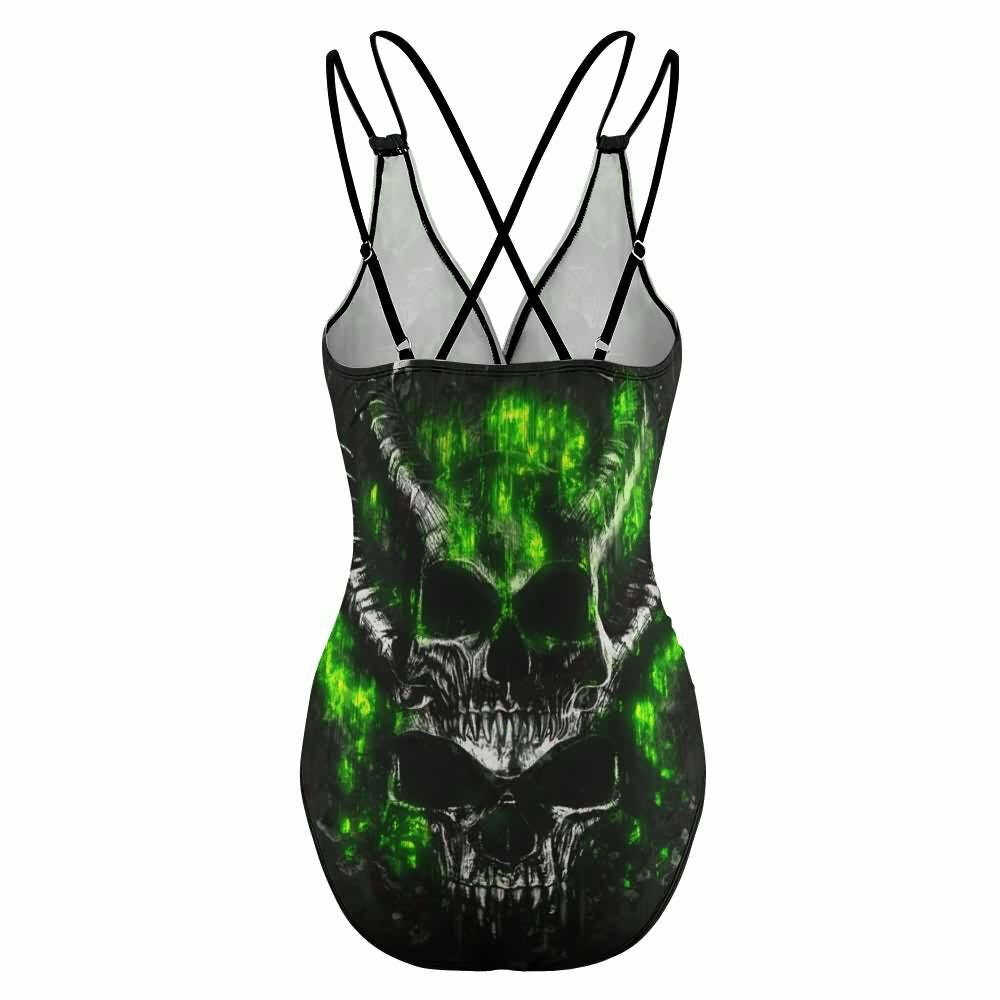 Y2K Grunge Devil Skull Push Up One Piece Swimsuit - Retro 90s Summer Beachwear