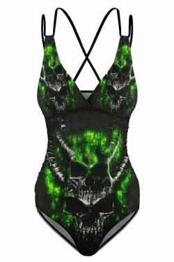 Y2K Grunge Devil Skull Push Up One Piece Swimsuit - Retro 90s Summer Beachwear