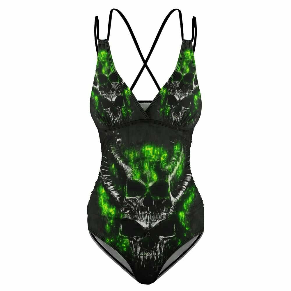 Y2K Grunge Devil Skull Push Up One Piece Swimsuit - Retro 90s Summer Beachwear