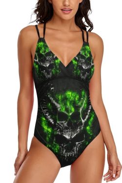 Y2K Grunge Devil Skull Push Up One Piece Swimsuit - Retro 90s Summer Beachwear