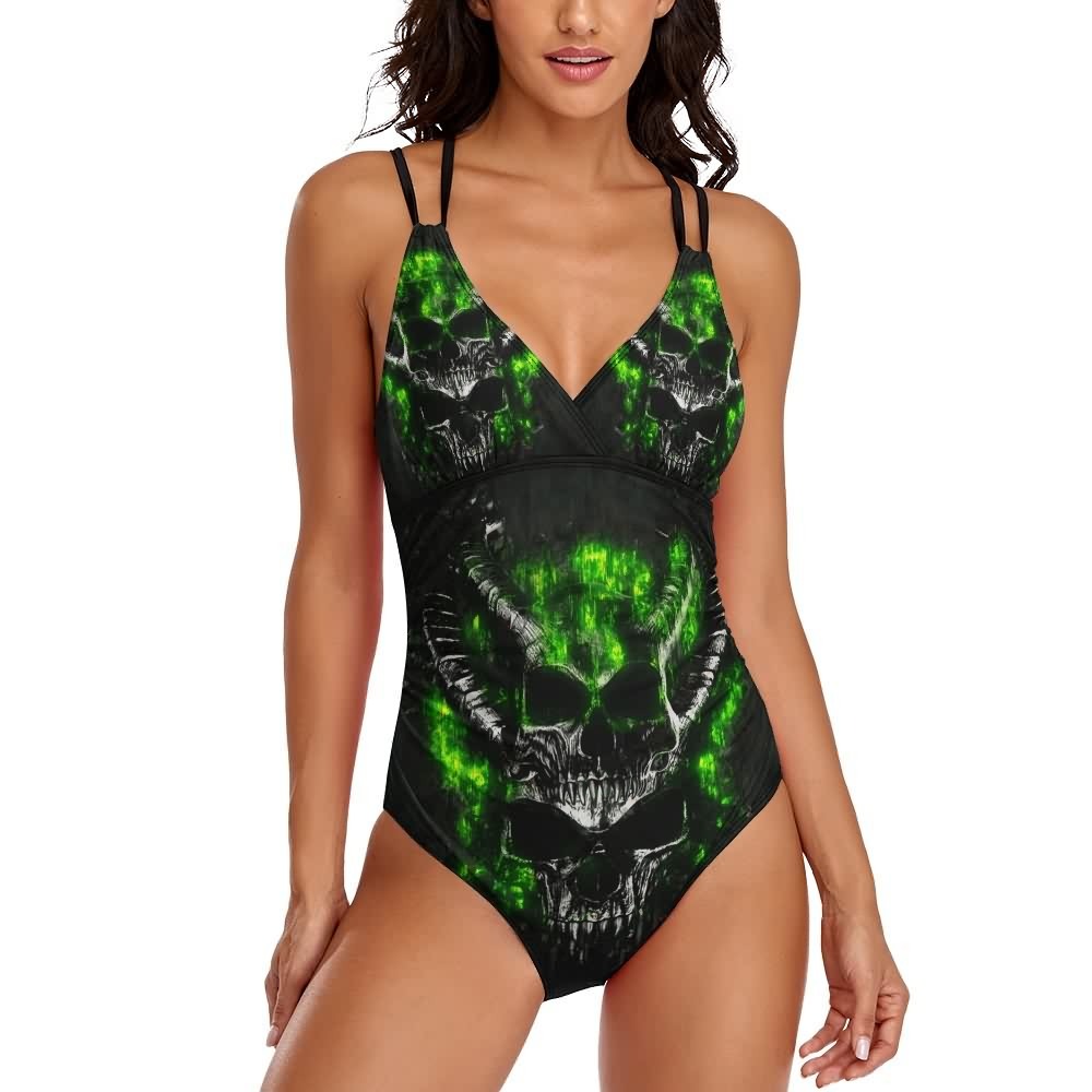 Y2K Grunge Devil Skull Push Up One Piece Swimsuit - Retro 90s Summer Beachwear