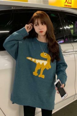 Y2K Grunge Dinosaur Sweater - Retro 90s Fashion, Pastel Goth, Summer Y2K Outfits