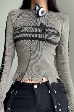 Y2K Grunge Distressed Long Sleeve Top - 90s Fashion, Retro Style, Y2K Summer Outfits