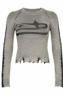 Y2K Grunge Distressed Long Sleeve Top - 90s Fashion, Retro Style, Y2K Summer Outfits