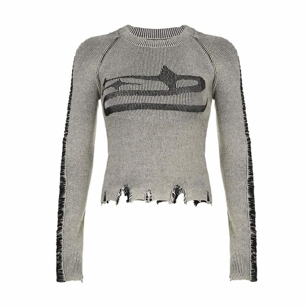 Y2K Grunge Distressed Long Sleeve Top - 90s Fashion, Retro Style, Y2K Summer Outfits