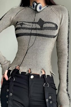Y2K Grunge Distressed Long Sleeve Top - 90s Fashion, Retro Style, Y2K Summer Outfits