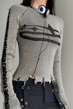 Y2K Grunge Distressed Long Sleeve Top - 90s Fashion, Retro Style, Y2K Summer Outfits