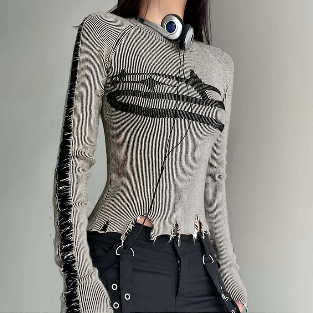 Y2K Grunge Distressed Long Sleeve Top - 90s Fashion, Retro Style, Y2K Summer Outfits