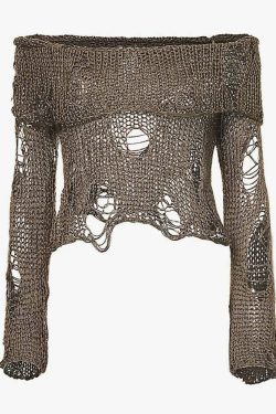 Y2K Grunge Distressed Off Shoulder Knit Sweater - 90s Fashion, Retro Style, Gothic Y2K Outfit