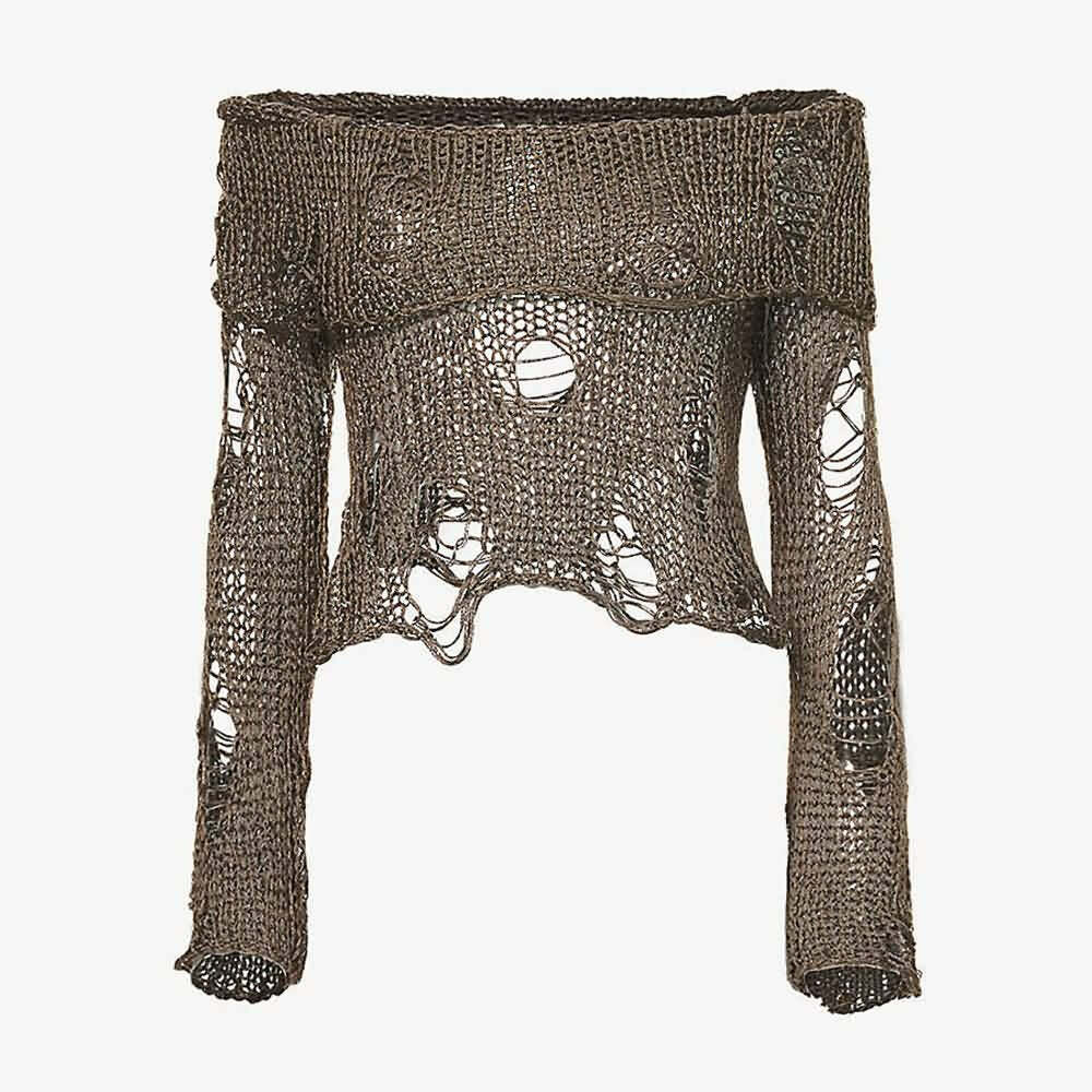 Y2K Grunge Distressed Off Shoulder Knit Sweater - 90s Fashion, Retro Style, Gothic Y2K Outfit