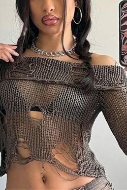 Y2K Grunge Distressed Off Shoulder Knit Sweater - 90s Fashion, Retro Style, Gothic Y2K Outfit