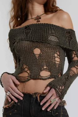 Y2K Grunge Distressed Off Shoulder Knit Sweater - 90s Fashion, Retro Style, Gothic Y2K Outfit