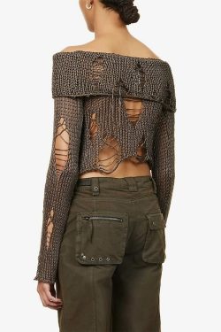 Y2K Grunge Distressed Off Shoulder Knit Sweater - 90s Fashion, Retro Style, Gothic Y2K Outfit
