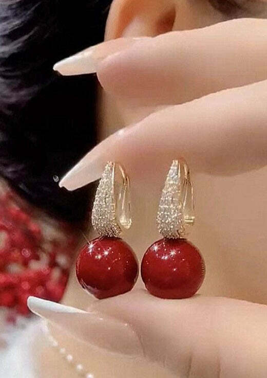 Y2K Grunge DIY Red Copper Zircon Pearl Drop Earrings - Retro 90s Fashion, Y2K Party Outfits
