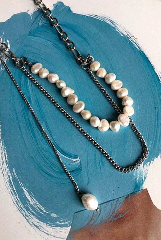 Y2K Grunge Double Chain Pearl Pendant Necklace - Retro 90s Fashion, Gothic Y2K, Pastel Goth