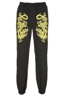 Y2K Grunge Dragon Black Pants - Retro 90s Fashion, Summer Y2K Outfits, Gothic Y2K Style