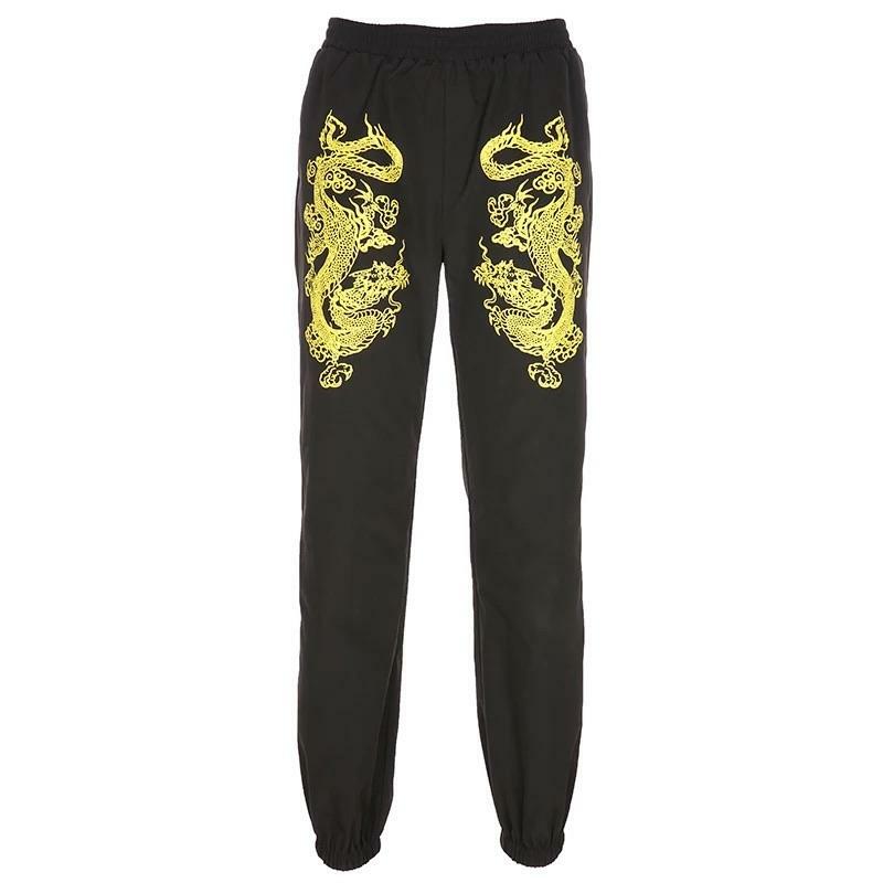 Y2K Grunge Dragon Black Pants - Retro 90s Fashion, Summer Y2K Outfits, Gothic Y2K Style