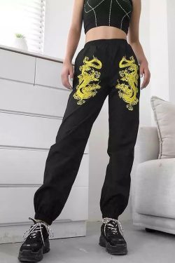 Y2K Grunge Dragon Black Pants - Retro 90s Fashion, Summer Y2K Outfits, Gothic Y2K Style