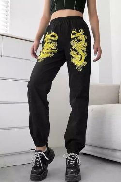 Y2K Grunge Dragon Black Pants - Retro 90s Fashion, Summer Y2K Outfits, Gothic Y2K Style