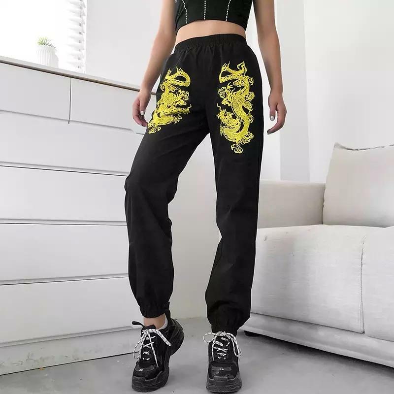 Y2K Grunge Dragon Black Pants - Retro 90s Fashion, Summer Y2K Outfits, Gothic Y2K Style